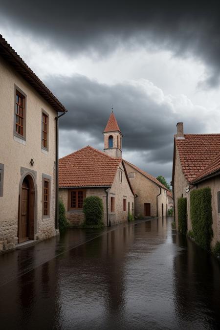 scenery, conceptart, A highly detailed portrait of a medieval village, during a rainstorm with a cloudy sky, masterpiece, best quality, intricate detail, absurdres, chromatic aberration, depth of field, soft lighting, tone mapped, highly detailed, artstation, concept art, smooth, sharp focus, dramatic lighting, highly detailed artwork, cinematic, trending on Artstation, 8K, incredible shadows, (highly detailed background:1.0)