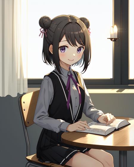 masterpiece, high quality, mgrckuroe, 1girl, cowboy shot, purple eyes, black hair, grey shirt, purple bowtie, double bun, black with white skirt, black with white vest, pink hairpins, indoors, room, table, chair, sitting on chair, light smile, book, <lora:mgrckuroe-000010:0.8>