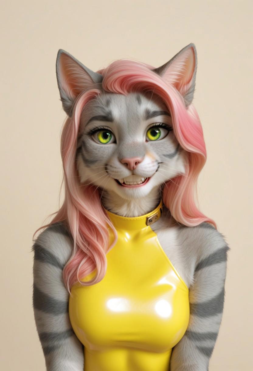 A 35mm photo of a beautiful woman, she is an anthropomorphic grey tabby cat, cat nose, cat teeth, green cat eyes, freckles, grey tabby cat fur, cat fur, grey tabby cat ears, pale pink hair, highlighter yellow satin bodysuit