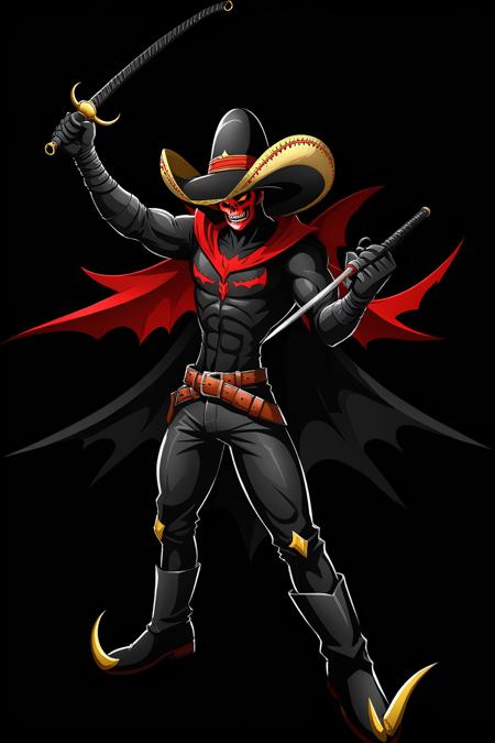 full body,a demon man covered in belts wearing a sombrero and holding a rapier,demon wings,simple background,black background,art by ncrender, <lora:NCRenderV3:1>