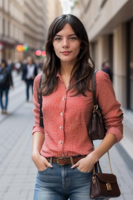 CamilaVallejo, a woman walking down a sidewalk with a purse and a purse on her shoulder and a handbag on her hip, american barbizon school, a picture, fashion, street fashion, pose, (slim, fit, coltish:1.2), August, beautiful bone structure, (high detailed skin:1.2), 8k uhd, dslr, soft lighting, high quality, film grain, Fujifilm XT3