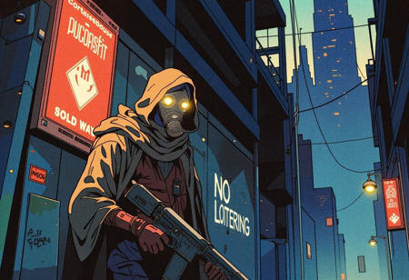 A retro anime-style illustration of a mysterious rebel hiding in a dark alley of a dystopian city. The character wears a tattered cloak and a glowing high-tech mask, holding a futuristic weapon. The alley is dimly lit by a single flickering streetlamp, with graffiti-covered walls and steam rising from vents. The mood is gritty yet atmospheric. A holographic advertisement for a corporate overlord flickers on the wall, taunting the impoverished district. In the distance, a towering skyscraper glows ominously, its silhouette dominating the skyline.