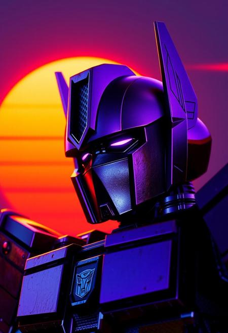 Purple and black Optimus Prime cowboy shot photograph with an orange and blue synthwave sun background. Slightly turned.