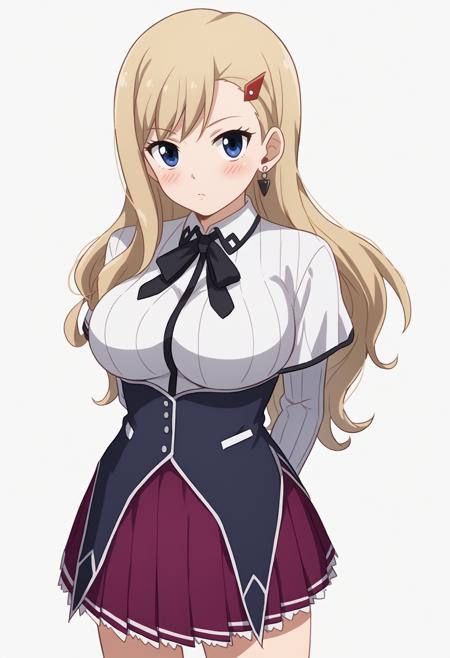 rebecca_bluegarden,long hair, blonde hair, blue eyes sleeveless top, jewerly, earrings, hair ornament, hairclip, necklace, detached sleeves, skirt, heart necklace, black skirt, miniskirt, boots, black footwear, cleavage