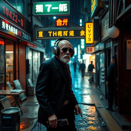 score_9, score_8_up, score_7_up, CYBERPUNK STYLE, night, outside a futuristic entrance subway station, stores with neon lights, dirt trash homless, street, people selling on streets, a futuristic shaman old man 80 years latinMAN  DARK skin freckles old short using a classic 50s black suit sunglasses modern futuristic big  headphones hearing music holding a staff with cds and electric parts walking stooped with difficulty AFTER RAIN PLACE