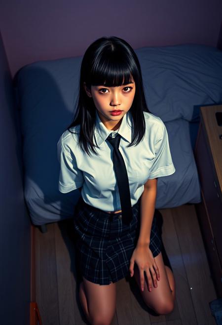 pop art score_9, score_8_up, , realistic, bright colors, high contrast, vivid lighting, beautiful eyes, 18 year old girl, blunt bangs, black hair, pale skin, bedroom, shy expression, short, micro waist, wide hips,  small breast, brown eyes, interesting lighting, white shirt, black tie, black plaid skirt, black socks, on her knees, high angle, hands on the floor, . vibrant, mass culture, bold lines, ironic