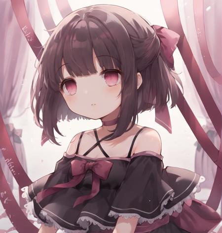 fallenshadow1, 1girl, medium hair, pink eyes, black dress, arm ribbon, ribbon, bow, frills, halterneck, flat chest