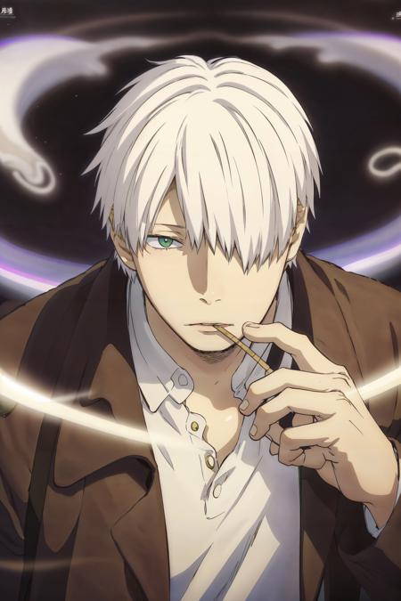 (masterpiece, top quality, best quality, official art, detailed:1.2),<lora:ginko-21:0.7>, ginko_soul3142, solo, 1boy, green eyes, white hair, male focus, hair over one eye, cigarette, smoking