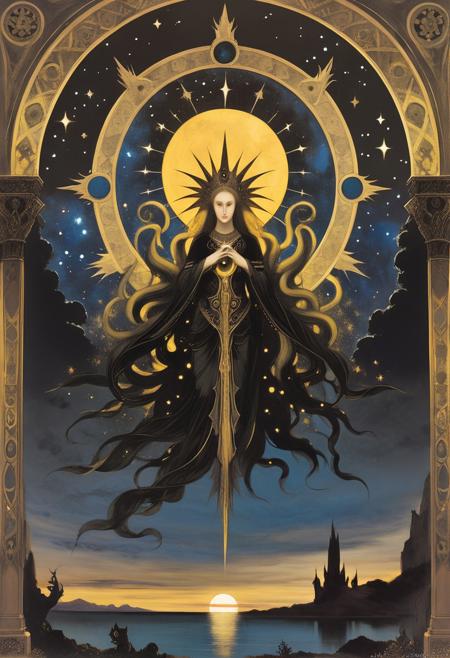 Hastur, cosmic horror, dark art, King in Yellow, by gustave moreau, Along the shore the cloud waves break The twin suns sink behind the lake The shadows lengthen In Carcosa Strange is the night where black stars rise And strange moons circle through the skies But stranger still is Lost Carcosa Songs that the Hyades shall sing Where flap the tatters of the King Must die unheard in Dim Carcosa Song of my soul my voice is dead Die thou unsung as tears unshed Shall dry and die in Lost Carcosa
