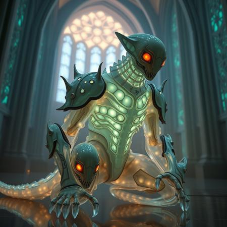 Masterpiece 4 protozoa/humanoid, bioluminescence translucent  body, with no ears and no nose, 32k, 16k, 8k, masterpiece, cinematic art, Kaiju bioluminescence translucent armor, sitting in a bioluminescence translucent cathedral,