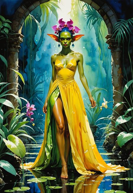 glowing nascent masterpiece watercolor full-body portrait painting by Dean Cornwell and wen-m, sergio toppi, Olivia di berardinis :: stunning fantasy-fashion, tightly framed, full-body portrait close up, depict a Brazilian-goblin runway model, fully dressed, wearing couture dress made of waxy fabric, accessories, colorful hair with orchid-like styling, long legs, narrow waist, backdrop of colorful alien flora :: low spatial lighting, epically luminous image, fleeting daily moments, dramatic natural light, simple composition, tetradic colors, reflective catchlights, fine art, painterly realism with emotional depth, fluid gouache, high contrast lighting, complex contrast, detailed hand