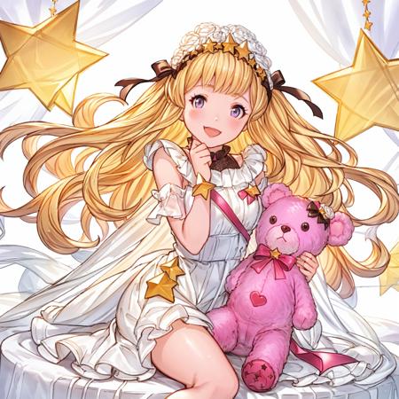 1girl,full body,(laonanren \(limit\)),
crossed legs, sitting,
hugging a pink teddy bear,
white dress, bare legs,
blonde hair,purple eyes,
open mouth,smile,
classroom,  book, star \(symbol\),
masterpiece, best quality, ultra-detailed, comic, illustration,
<lora:GBF_LNR128_y-000010:0.8>