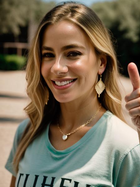 Realistic photo of a beautiful s0f14v-v2 woman,  1girl, solo, long hair, looking at viewer, smile, (((blonde hair))), shirt, brown eyes, jewelry, upper body, earrings, teeth, grin, blurry, english text, lips, black shirt, pointing, forehead, realistic, middle finger, soft lighting, professional Photography, Photorealistic, detailed, RAW, analog, sharp focus, 8k, HD, DSLR, high quality, Fujifilm XT3, film grain, masterpiece<lora:s0f14v-v2:1.0>