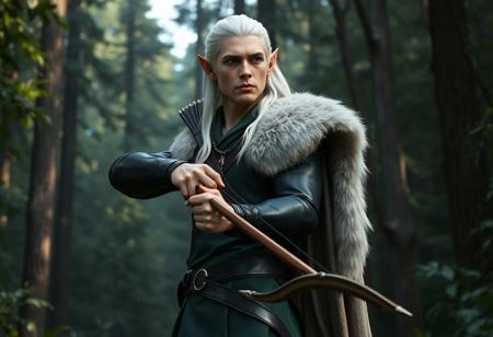 A **Chad male elf cosplaying as Legolas**, standing in a dense forest, surrounded by towering trees and lush foliage. He wears a black leather outfit with a green tunic and a flowing white fur cape. In his hands, he grips a bow and arrow, poised for action. His long white hair falls down his back, and he looks intently off to the side with a serious expression, embodying the character's intense focus. **8k, UHD, 4K, Exceptional Quality, More Detail, Lifelike Details, Super Detailed Face and Eyes and Clothes, Handcrafted with Precision, High Quality, Sharp Lines, Stunning Colors, Harmonious Colors, Multi Colored, Contemporary Aesthetics, Impeccable Composition, Creative Angle, Attractive Background, Balanced Editing, Intentional Focus, Well-timed Moment, Captivating Lighting, Octane Render, Unreal Engine 5, CGSociety, Artstation Trending on ArtstationHQ, Golden Ratio**.