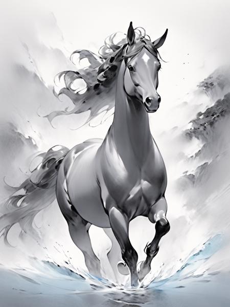 masterpiece),(highest quality),highres,(an extremely delicate and beautiful),(extremely detailed),  <lora:shuimodongwu_xl:1>ï¼
monochrome,masterpiece, horse,(\shhui mo\),blue water, no humans, greyscale, animal focus, animal, solo,