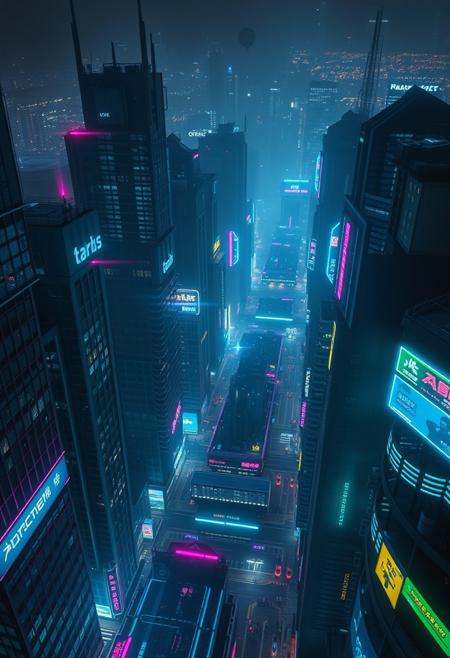 Gravity has disappeared in the cyberpunk night city and everything starts to rise into the air, a bird's-eye view,