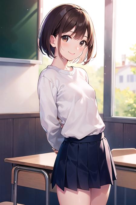 best quality, high quality, masterpiece, high resolution, 1 girl, solo, (round face), dark brown hair, (very short hair), boyish, bangs down, dark brown eyes, (((very small breasts))), Asian, Japanese person, white sweater, skirt, smile, (arms behind back), standing, realistic, school, classroom, many students, looking at viewer,