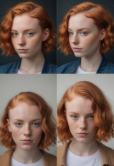 (Head Shave Transformation), two photorealistic images, Young Beautiful freckled woman pale ginger hair, (Before: After), (Before:((Short Wavy ginger Bob Hairstyle)), After:(Shaved Head Bald Hairstyle:2), under bounced light, crop top, bomber jacket, jean shorts, on a Fujifilm X-T4