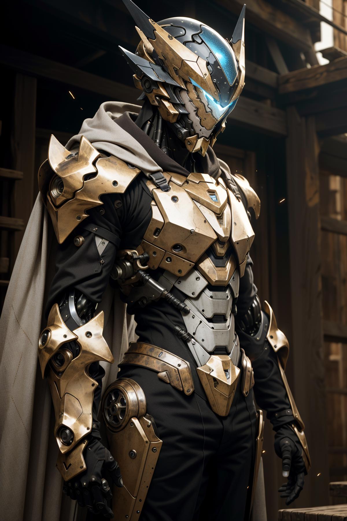 A robotic figure with metallic armor and a cape stands in a room.