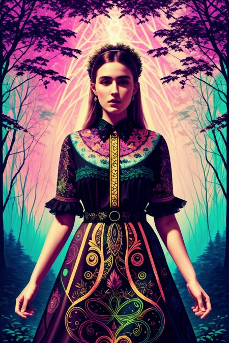 BlacklightForestStyle cover art, illustration, psychedelic portrait of a beautiful  woman wearing a paisley dress, outdoor fashion editorial, (intricate details, hyperdetailed) by Nick Knight <lora:BlacklightForestStyle:0.7>