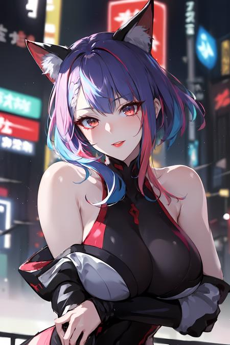 (masterpiece, best quality:1.3), lucy, 1girl, (multicolored hair:1.2), lucy (cyberpunk), cyberpunk,( bare shoulders:0.8), (smile:0.6), motion, pose, (looking at viewer:0.8), female focus, bangs, red lips, messy hair, red eyeliner, elder sister, colorful hair, (profile:0.6), <lora:lucy0ax02:0.75>