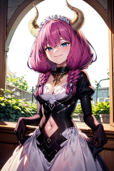 best quality,masterpiece,1girl,(solo:1.1),raytracing,ultra detailed,detailed face,8k wallpaper,wide hips,<lora:more_details:0.5>,indoor,danntoudainoaura,<lora:aura.v1.5:1>,demon horns,demon girl,twin braids,danntoudainoaura,1girl,solo,demon horns,demon girl,navel,long hair,twin braids,maid,maid headdress,smile,garden,skirt hold