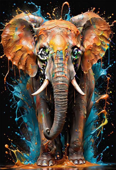 a elephant with a big splash of paint all around  it's face,  Background with more painting splash in an intricate spill that leaves the canvas on a 3D s, masterful digital art, spilling juice, caramel, splash image, adi granov, bioart, strong and ferocious, art photograph, smooth drawing, dew, digital screenshot, artistic rendering.