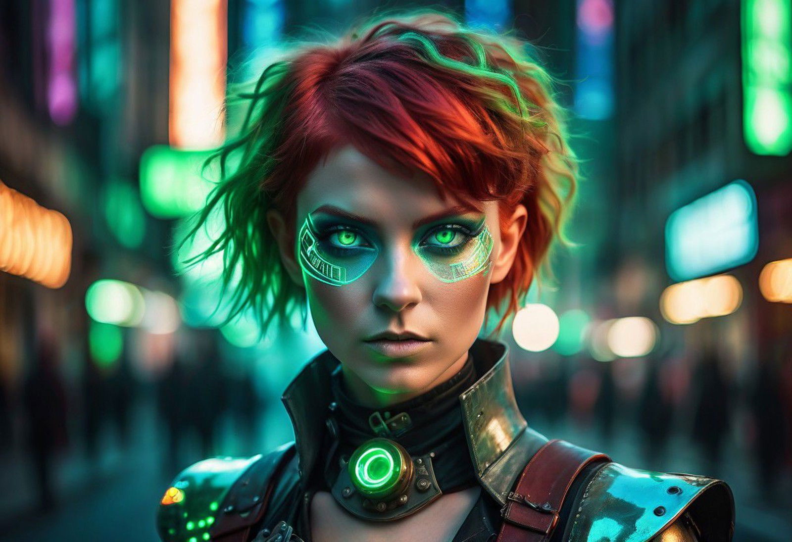 A charismatic steampunk warrior women with green neon tones and a mystical aura, with glowing red short hair and sparkling...