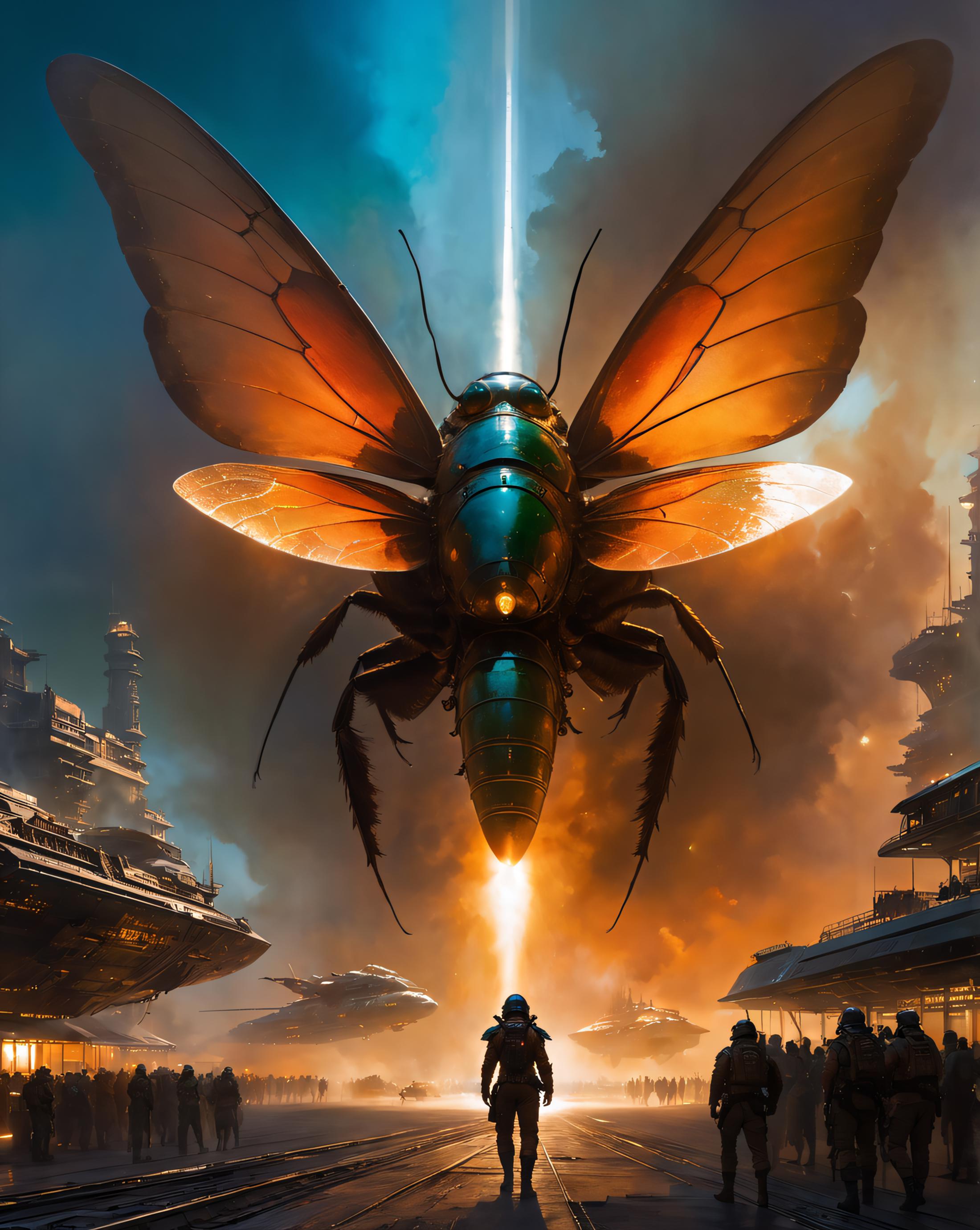 A giant insect-like robot flies over a city, with several people standing below it.