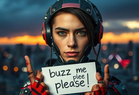 portrait of a cyberpunk cyborg, depth of field, 2000mm f8, cityscape background, sunset, storm,a sign on hands with the text "buzz me, please", focus on head