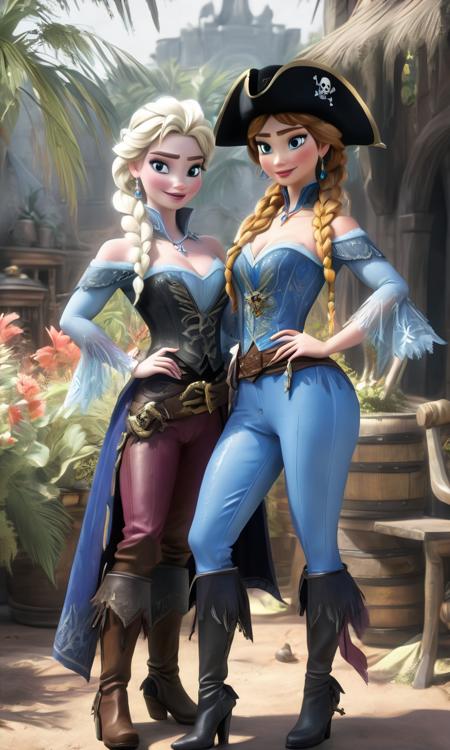 analog film photo ((pirate Caribian 2women( Anna and Elsa Frozen:1.6):1.6),(freckles:1.4):1.6)smiles,look at me full body electric lilac-blue leather pants . faded film, desaturated, 35mm photo, grainy, vignette, vintage, Kodachrome, Lomography, stained, highly detailed, found footage, dystopian style ((pirate Caribian 2women( Anna and Elsa Frozen:1.6):1.6),(freckles:1.4):1.6)smiles,look at me full body electric lilac-blue leather pants . bleak, post-apocalyptic, somber, dramatic, highly detailed, gothic style ((pirate Caribian 2women( Anna and Elsa Frozen:1.6):1.6),(freckles:1.4):1.6)smiles,look at me full body electric lilac-blue leather pants . dark, mysterious, haunting, dramatic, ornate, detailed, horror-themed ((pirate Caribian 2women( Anna and Elsa Frozen:1.6):1.6),(freckles:1.4):1.6)smiles,look at me full body electric lilac-blue leather pants . eerie, unsettling, dark, spooky, suspenseful, grim, highly detailed, Oil painting by John Singer Sargent ((pirate Caribian 2women( Anna and Elsa Frozen:1.6):1.6),(freckles:1.4):1.6)smiles,look at me full body electric lilac-blue leather pants. Elegant, refined, masterful technique,realistic portrayal, subtle play of light, captivating expression, rich details, harmonious colors, skillful composition, brush strokes, chiaroscuro., Oil painting by Van Gogh ((pirate Caribian 2women( Anna and Elsa Frozen:1.6):1.6),(freckles:1.4):1.6)smiles,look at me full body electric lilac-blue leather pants . Expressive, impasto, swirling brushwork, vibrant, brush strokes, Brushstroke-heavy, Textured, Impasto, Colorful, Dynamic, Bold, Distinctive, Vibrant, Whirling, Expressive, Dramatic, Swirling, Layered, Intense, Contrastive, Atmospheric, Luminous, Textural, Evocative, SpiraledVan Gogh style, on a tropical island in a picturesque jungle full of bright unusual flowers,in a pirate cocked hat
