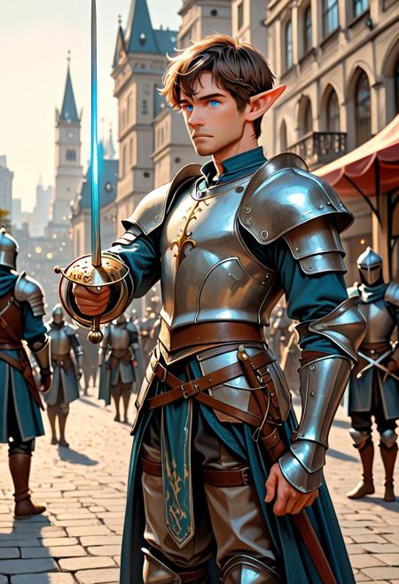 score_9_up, score_8_up, score_7_up, score_6_up. masterpiece, best quality, good quality, very aesthetic, absurdres, semirealism, RapierXL, fantasy, 8K, depth of field, focused subject, Elf knight:1.3, 19yo male, androgynous, pointed ears, short brown hair, male haircut, blue eyes, wearing detailed armor, knight's armor, he is standing, holding sword, rapier, weapon, blue glowing sword, city park