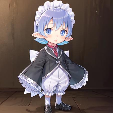 malechim, 1boy, solo,  masterpiece, best quality,male focus, pointy ears, maid headdress, full body, simple background, blush, maid, :o, sleeves past wrists, chibi, standing, shoes, open mouth, frills, crossdressing, brooch, white bow, apron, <lora:chimmale1a-000014:0.8>