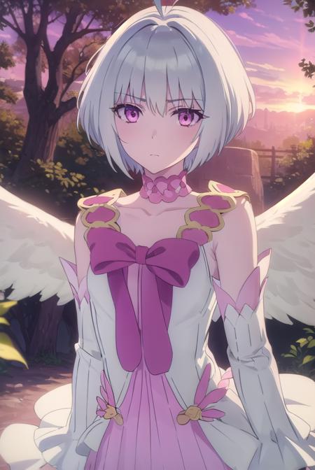 fitoria, short hair, white hair, (pink eyes:1.3), ahoge, antenna hair, dress, bow, detached sleeves, wings, choker, feathered wings, angel wings, frills, pink bow,