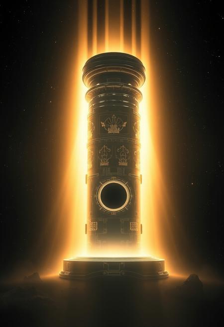 High-contrast, low-key lighting illuminates an ethereal, spiritual futuristic cylindrical space colony. A light aura surrounds it against a backdrop of stars and a black hole, creating a mystical, dramatic effect.
