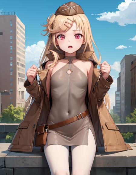 (extremely detailed CG unity 8k wallpaper),(masterpiece), (best quality), (ultra-detailed), (best illustration),(best shadow), city
,BREAK
(m1919a4:1.2), short dress, white pantyhose, brown garrison cap, hair clip
<lora:m1919a4:1>