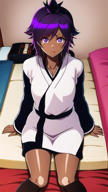 1girl, violet hair, (dark skin:1.2), purple eyes, (shihouin yoruichi:1.2),  <lora:Bleach-tybwV1:1>, bedroom, sitting,