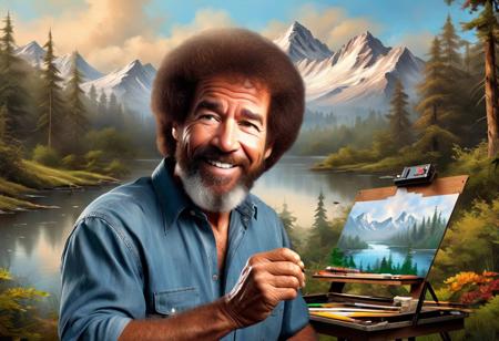A stunning digital art rendition of Bob Ross, the iconic painter, captured in the highest quality and utmost realism. The portrait should showcase Bob Ross in his element, surrounded by serene nature, with his trademark afro and gentle smile, exuding warmth and creativity. The artwork should evoke a sense of tranquility and artistic inspiration, staying true to Bob Ross's legacy as a beloved art instructor and TV personality.