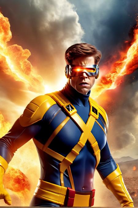 x-men cyclops man photorealistic unleashing his optic blast in a fierce battle, set against a fiery background, his face intense and focused, digital art, 4k, dynamic action scene