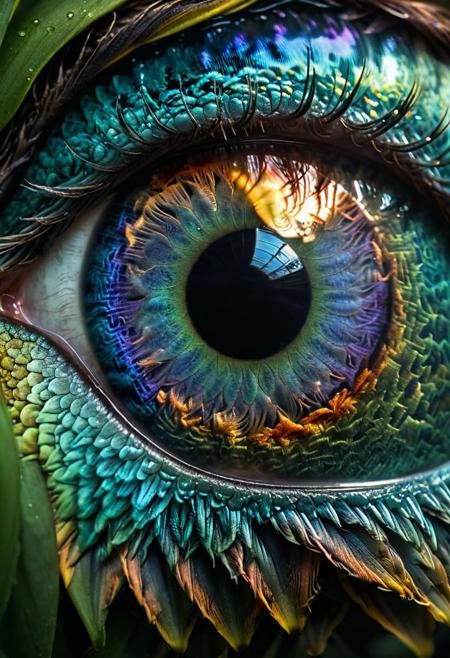 A macroscopic photo of a bird eyes, fur, 8k resolution, 4k image. HDR highly detailed. vivid. UHD, amazing depth, human kind in iris reflection, 
 glowing rich colors, powerful imagery. dark, rim light, Art by John Collier and Albert Aublet and Krenz Cushartore and Artem Demura and Alphonse Mucha<lora:xl_more_art-full_v1:0.95>