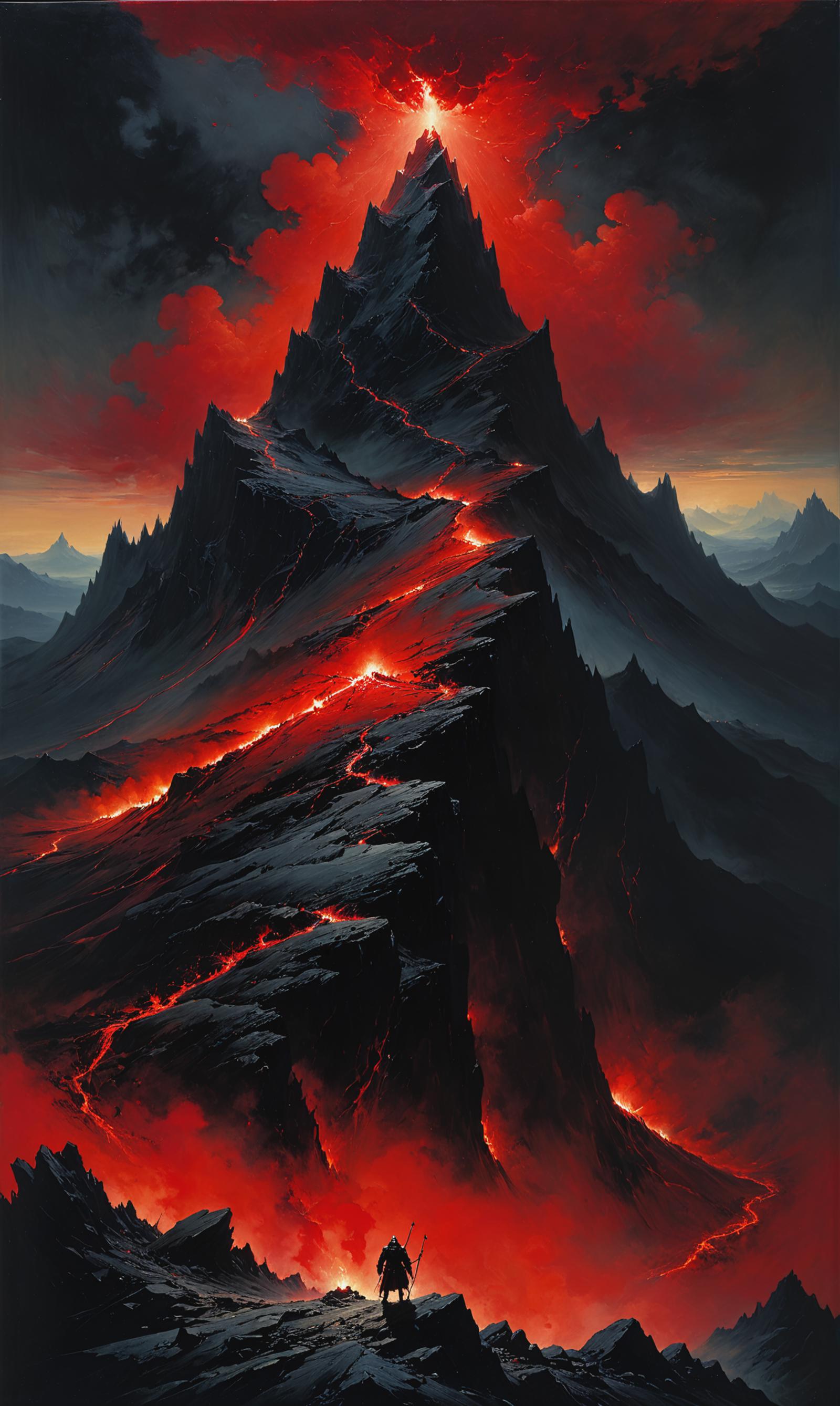 A Painting of a Mountain Range with Red Lava and Fire Trails