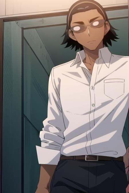 kenjiharima, <lora:kenji harima s2-lora-nochekaiser:1>,
kenji harima, black hair, male focus, glasses, dark skin, dark-skinned male hair band, ahoge,
BREAK school uniform, belt, shirt, white shirt, collared shirt, long sleeves, pants, black pants,
BREAK indoors, classroom,
BREAK looking at viewer, (cowboy shot:1.5),
BREAK <lyco:GoodHands-beta2:1>, (masterpiece:1.2), best quality, high resolution, unity 8k wallpaper, (illustration:0.8), (beautiful detailed eyes:1.6), extremely detailed face, perfect lighting, extremely detailed CG, (perfect hands, perfect anatomy),