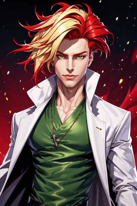 1boy, male focus, white, gothic long coat, green eyes, open clothes, red hair, gradient hair, blonde hair, wind swept, gossamer, science fiction, red shirt, short hair, solo, Best_QualityPos Earth-QualityPos, LimitBreakStyler