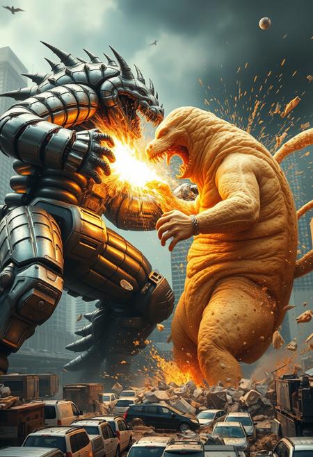 "Hyper-realistic depiction of an epic battle between two gargantuan monsters: a toaster behemoth and a bread titan. The toaster monster, with its gleaming metal skin and glowing coils, unleashes a blast of fiery heat as it clashes with the bread monster, a towering creature with a crusty, golden-brown hide and soft, fluffy interior. The bread monster retaliates with a wave of doughy tendrils, ensnaring the toaster's mechanical limbs. The two giants exchange blows, their massive bodies crashing against each other in a shower of sparks, crumbs, and shattered appliances. The background is a blurred, chaotic mess of cityscape, with buildings and cars crushed beneath the monsters' feet. Style: extremely detailed, hyper-realistic, and intensely dramatic, with a focus on capturing the textures, lighting, and destructive energy of the battle."