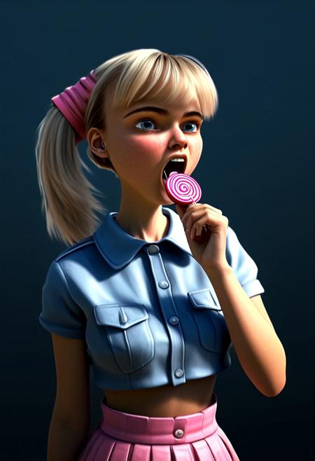 masterpiece, best_quality, very_aesthetic,
cinematic_composition, cinematic_lighting,
(pinup colors, pinup artstyle, 50's style), 
detailed_painting, blurry_background, bloom_effect, highlights, perfect shadows,
1girl, beautiful girl, 18 years old, finnish, Marie Rose, 
(blonde, long hair, high ponytail, fringe;1.3), 
round face, deep blue eyes,
(skinny fit, thin, slim, slender body)
jacket, layered skirt, pink skirt, hair ornament, white shirt, bow, pink jacket,
holding a red lollipop, open mouth, tongue, licking lollipop,
(looking om viewer), nose_blush, nervous, shy, embarrassed, 
glossy skin, 
cowboy shot, face focus,,
schoolyard_background, sunshine, sunlight,