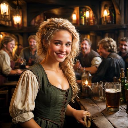 highly detailed candid photo of young 18yo female barkeep:1.2,

1girl, solo, curly blonde hair, green eyes, cleavage, parted lips, laughing, messy hair, ponytail, table, cute face:1.2, multiple boys,

masterpiece, best quality:1.1, realistic:1.3,
shadow play:1.0,  dark interior, medieval tavern:1.-, 

ultra photoreal, photorealistic:1.0, sharp focus:1.1, 
depth of field:1.1, 

50mm, style of Nathan Wirth, Hasselblad X1D II, Porta 160,
