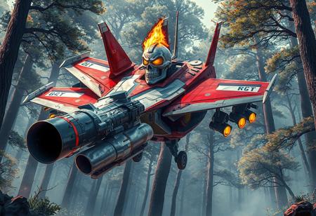 Experience a captivating, detailed view of the iconic Dark Strike Fighter, vibrant in red, white, blue, and yellow. This 4K image showcases the ready-for-action fighter jet with a large gun, standing out against the serene Erosion Hand Forest background. The Dark Strike Fighter's Burning Skull Head, adorned with a yellow visor, adds a striking contrast. In this exceptionally detailed, sharp, and vivid illustration, appreciate the dynamic action pose, intentional focus, well-timed moment, and harmonious colors, as if straight from CGSociety or Artstation's trending collections, now in an impressive 8K resolution.