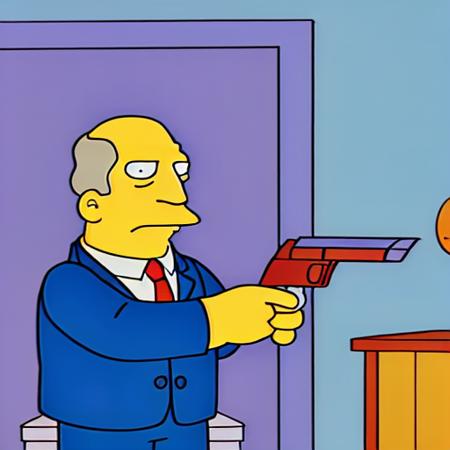 Film shot of Chalmers aiming a pistol,  <lora:Steamed_Hams_V0.1:0.7>, holding gun with both hands, cartoon, 2d, gun, interior, dark room