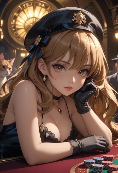 score_9, score_8_up, score_7_up, score_6_up, dynamic, (anime, masterpiece), best quality, (8k), detailed background, sharp focus, intricate, ambient lighting, super high quality, hyper detailed background, cinematic lighting, adult, double tone long hair, mature, embedding:zPDXLxxx, cat ears, vintage, mafia, prohibition era, 1950s, Loyalty, Cloche Hat Gloves, Lying on Side Propped Up by Elbow, Lavish Underground Casino, addDetailXl.MLUV, Nyaomi, Expressiveh<lora:Expressive_H-000001.safetensors:1.0:1.0> <lora:Nyaomi.safetensors:1.0:1.0> <lora:addDetailXl.MLUV.safetensors:1.0:1.0>