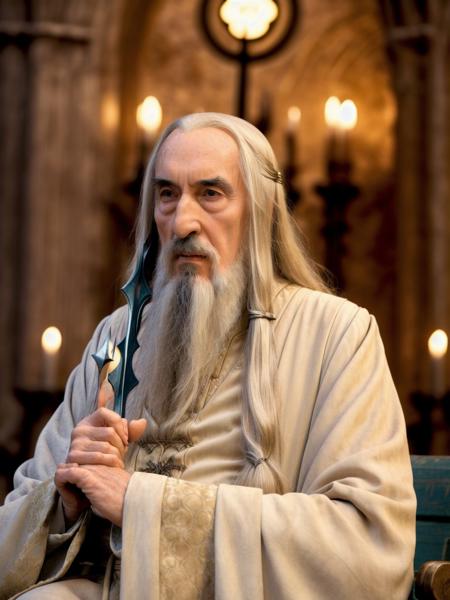 saruman, sitting on a bench in a church, sharp, amazing, bokeh, canon dslr, realistic, movie still <lyco:saruman_v1.0:1>